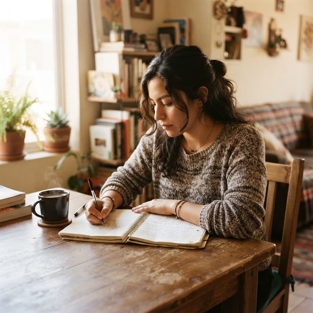 Una mujer escribe en un cuaderno sobre la mesa del comedor